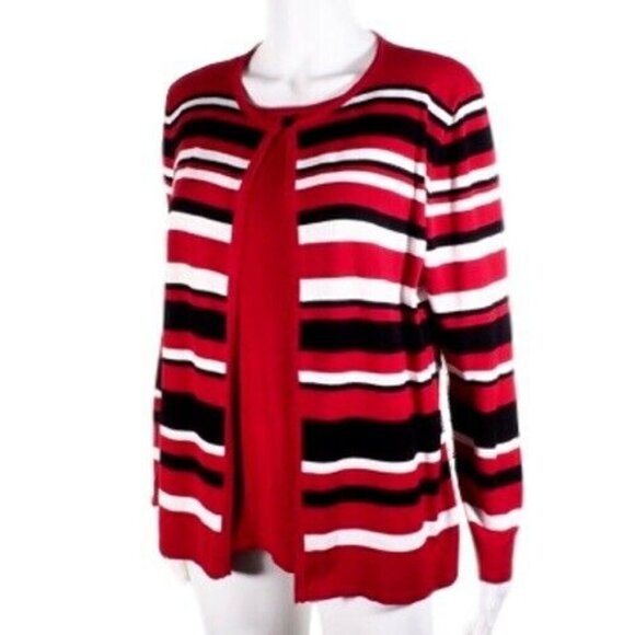 Alfred Dunner Women Size M Cardigan Set One Piece Striped Red Black White - Picture 2 of 9